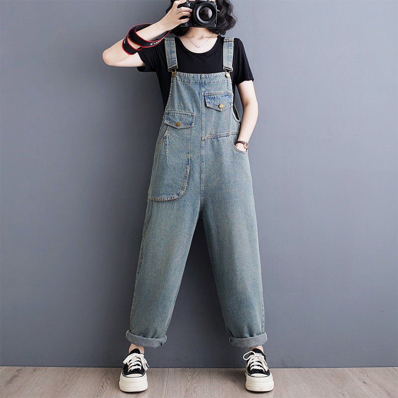 Women's Vintage Denim Jumpsuit - Loose Wide-Leg Romper with Pockets