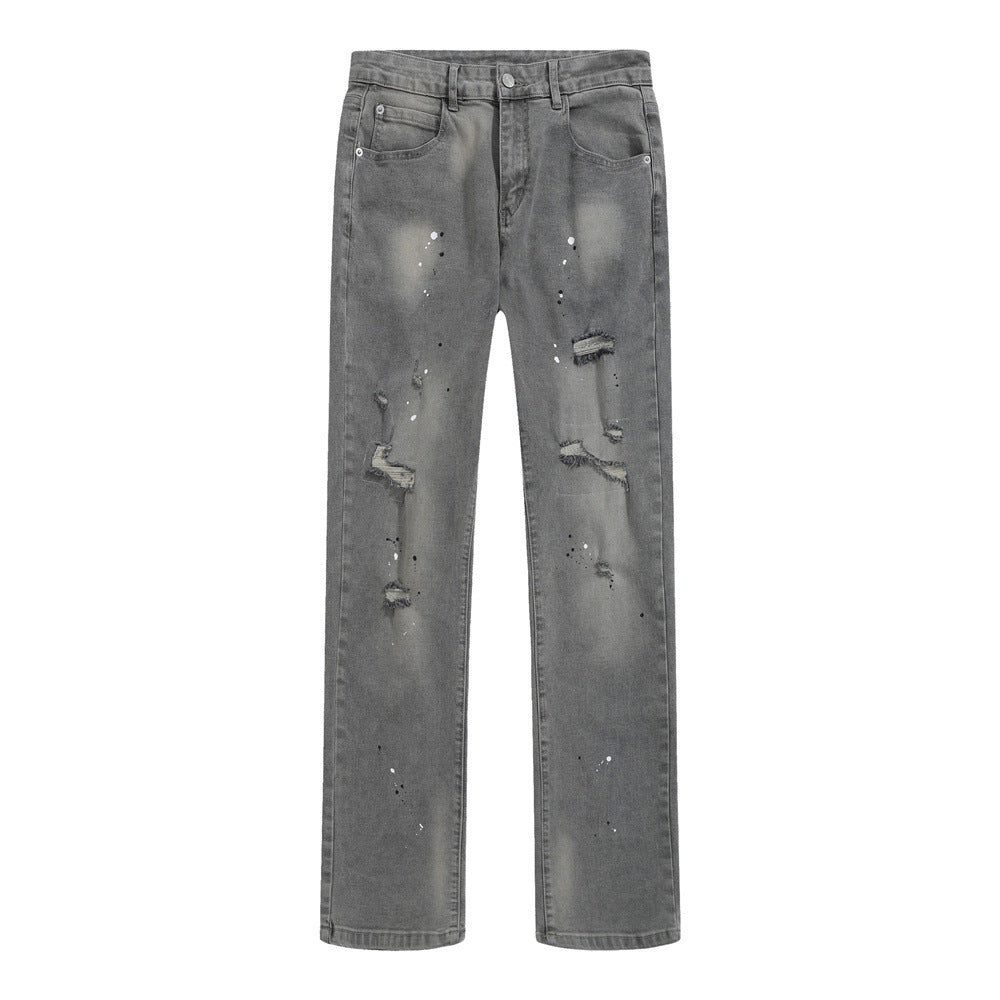 Men's Denim Jeans, Splatter Paint Ripped Straight Leg, Trendy Loose Fit, Casual Men's Pants