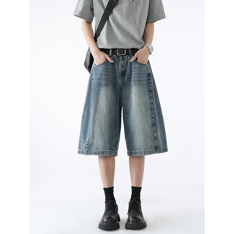 Retro Silhouette Wide Leg Denim Casual Washed Five Quarter Pants