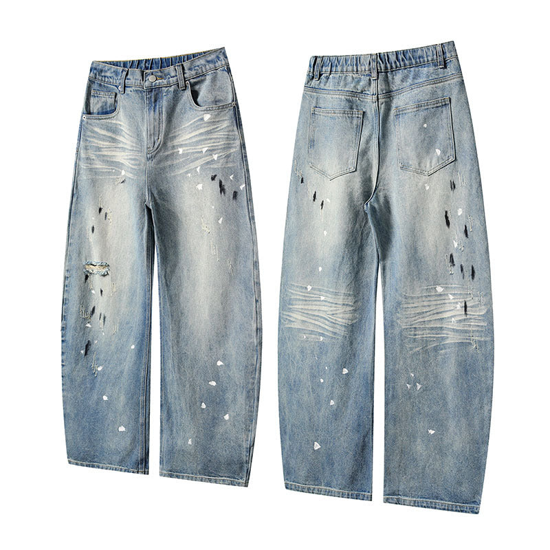 Slashed Denim Pants Water Washed Loose Straight Wide Leg Denim Trousers for Men
