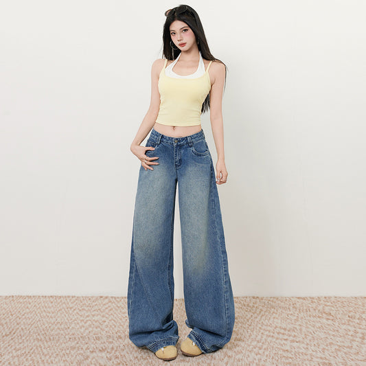 Washed Blue Wide-Leg Jeans for Women - Loose Slimming Low-Waist Straight Leg Trousers