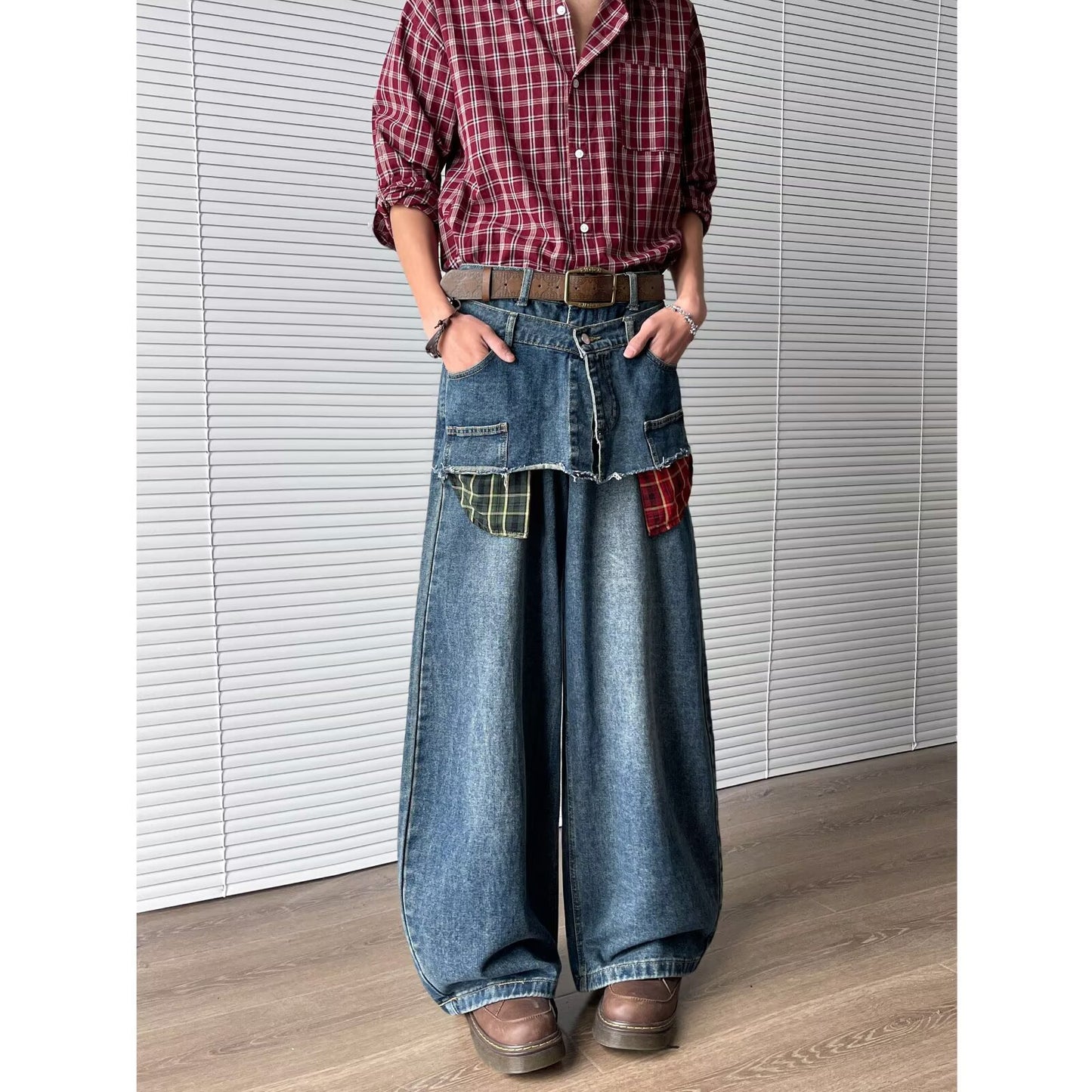 Retro Fake Two-Piece Checkered Patchwork Jeans for Men - Summer Style