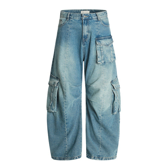 American High Street Vintage Washed Multi-Pocket Workwear Jeans for Men