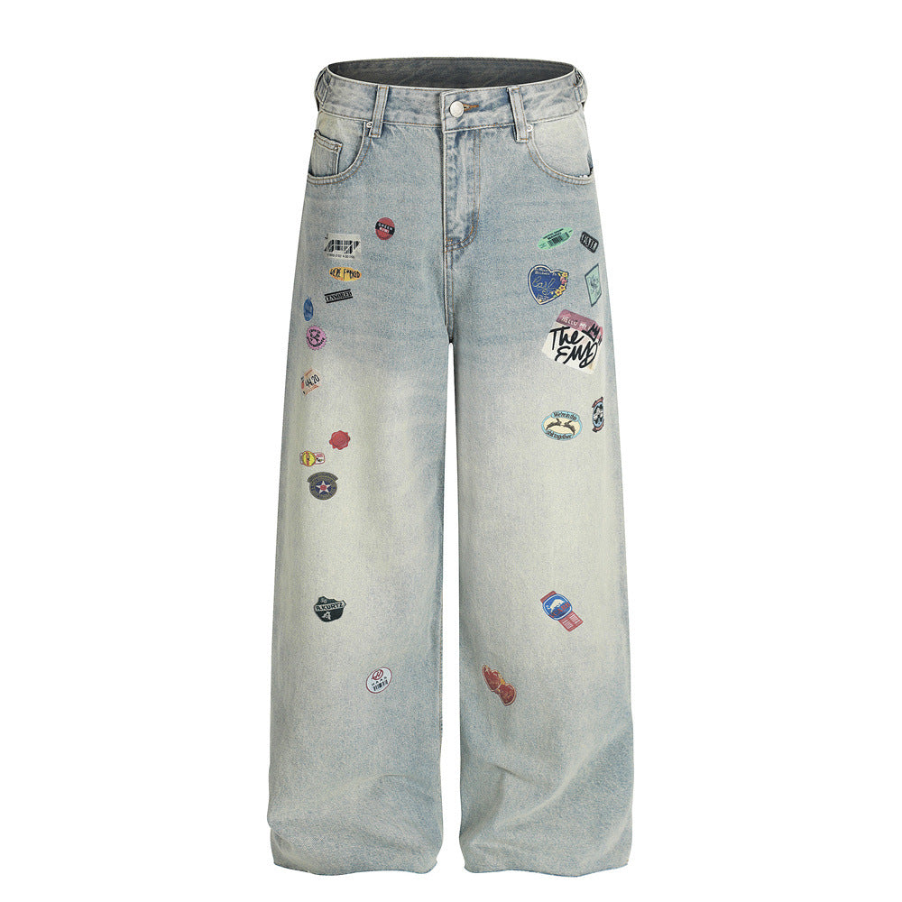 Street Style Men's Denim Jeans with Distressed Fun Print, Casual Loose Fit, Versatile Pants for Men