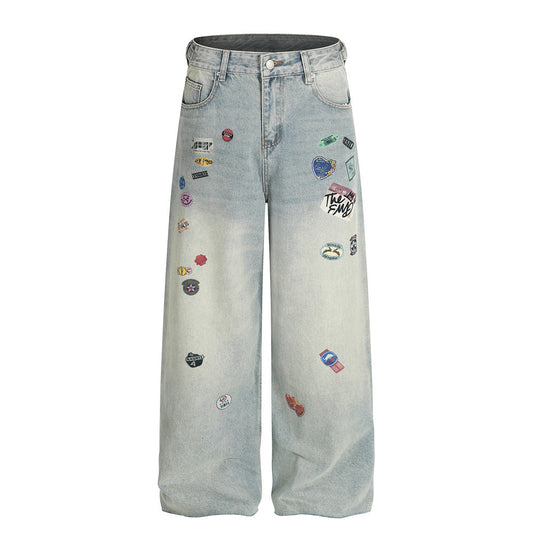 Street Style Men's Denim Jeans with Distressed Fun Print, Casual Loose Fit, Versatile Pants for Men