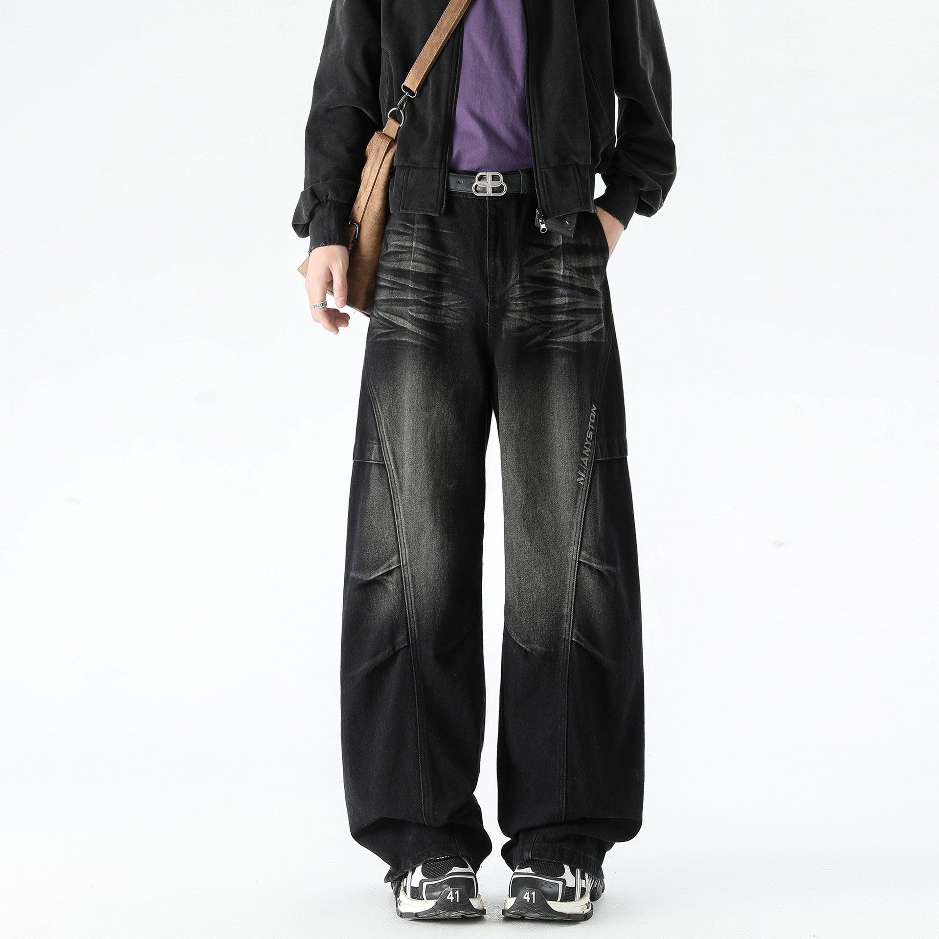 Men's Patchwork Straight Leg Work Pants – Premium Loose Fit Denim