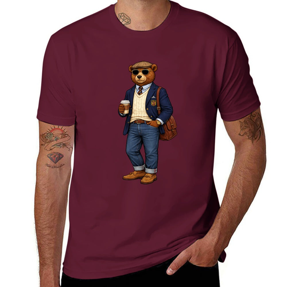 Oxford Denim Bear Mens Short Sleeve Cotton T-Shirt - Maroon