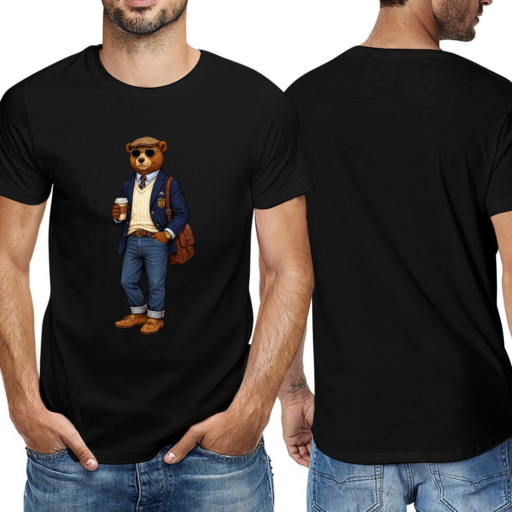 Men's Oxford Denim Bear Short Sleeve Cotton Tee Black