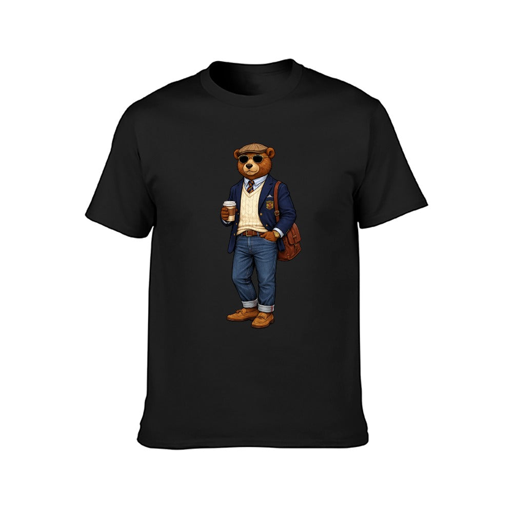 Men's Oxford Denim Bear Short Sleeve Cotton Tee Black