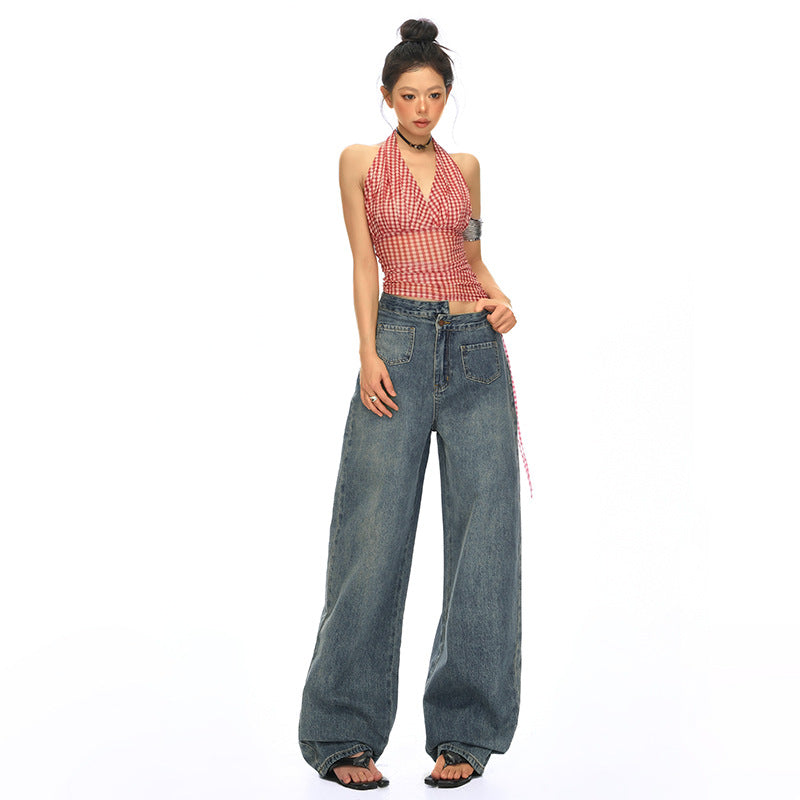 Blue High-Waisted Straight Leg Jeans for Women - Loose Wide-Leg Summer Pants