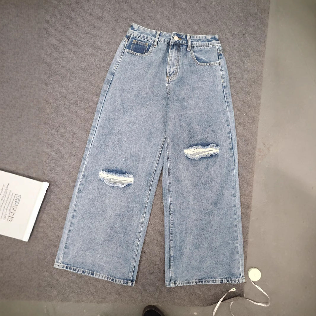 Ripped Loose Floor Wash Denim Jeans