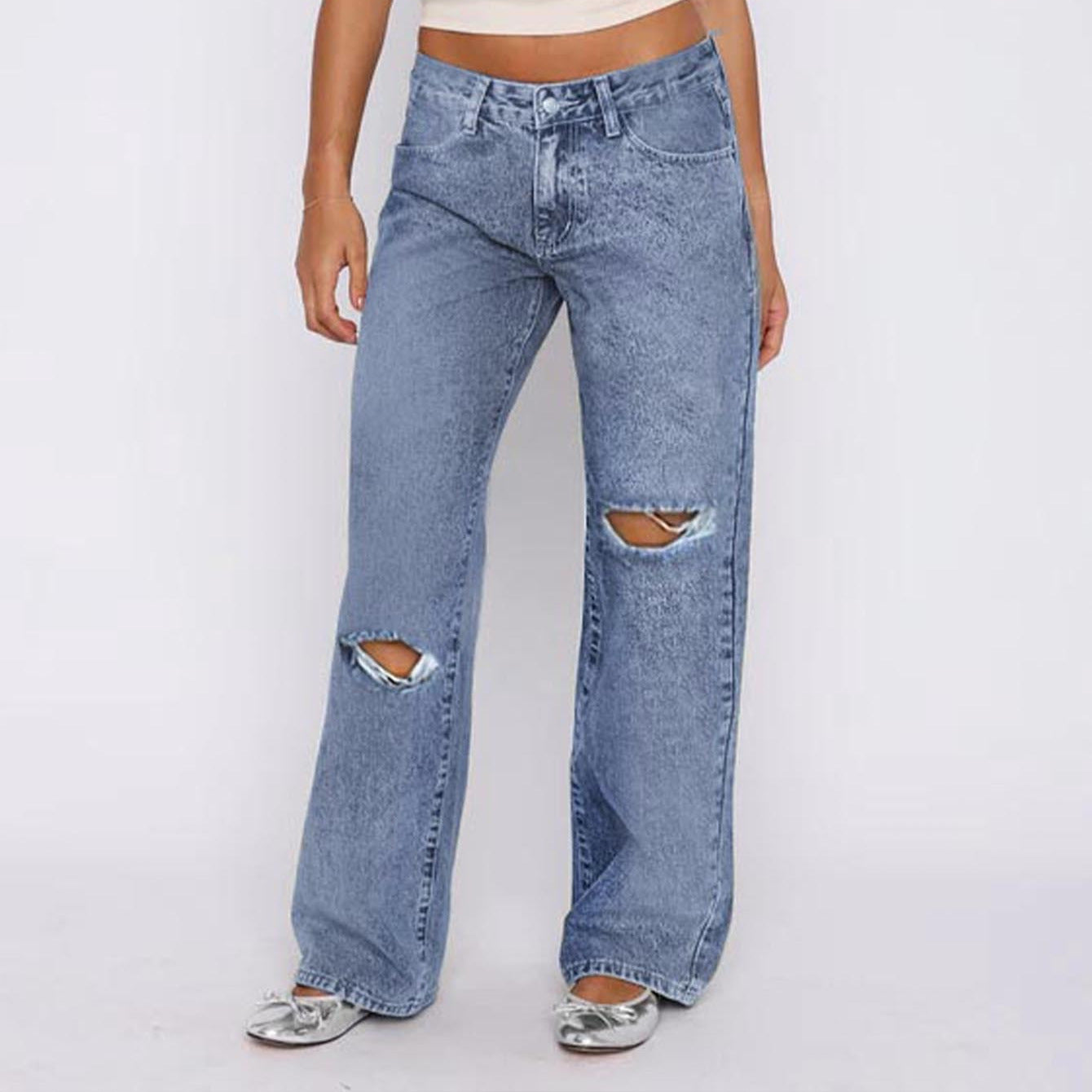 Ripped Loose Floor Wash Denim Jeans