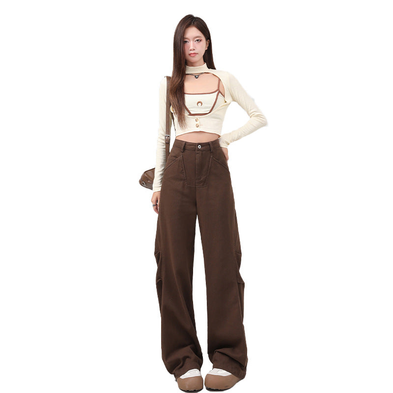 Women's Flared Denim Pants with Pleated Design for Fall Slimming Wide-Leg Trousers