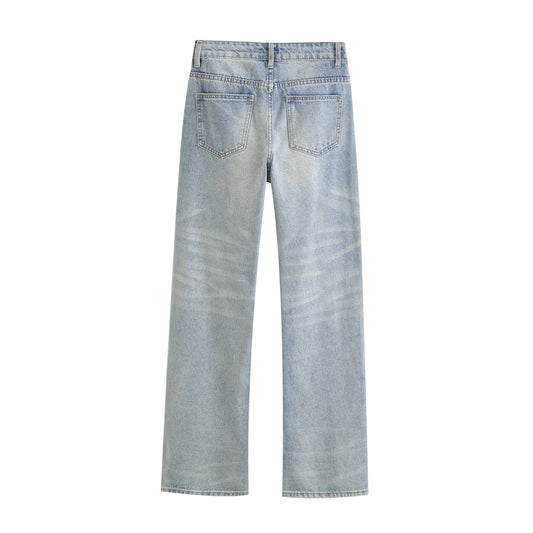 Washed Casual Straight Leg Pants Jeans