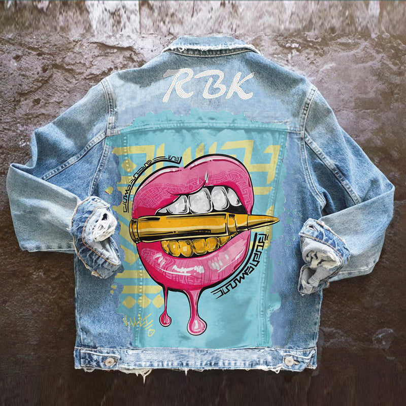 Women's Bullet Lips Print Denim Jacket