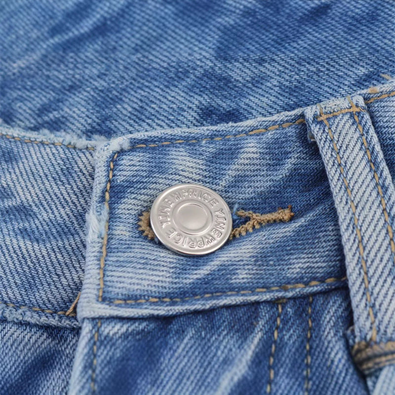 Elastic Waist Loose Vintage Denim Pants with Rhinestone Decoration