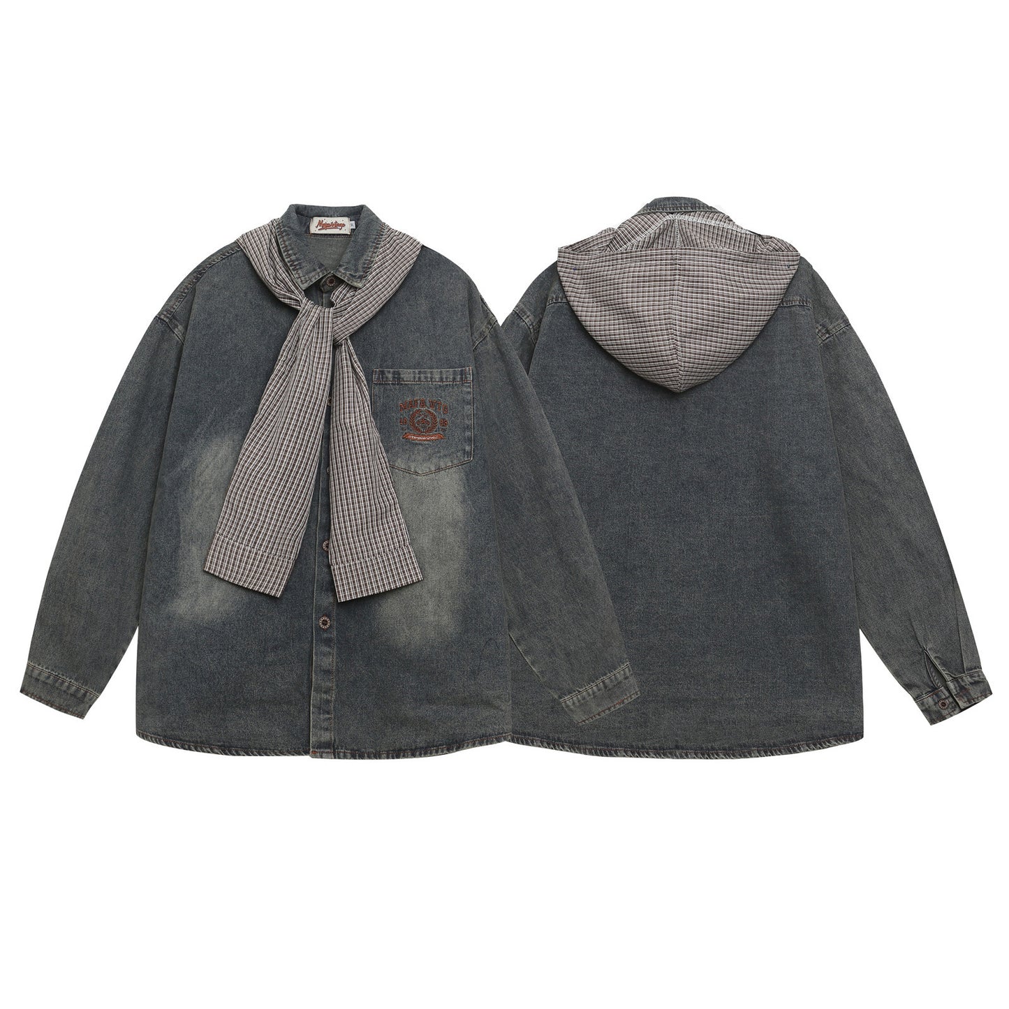 Washed Hooded Unique Design Long Sleeve Denim Shirt