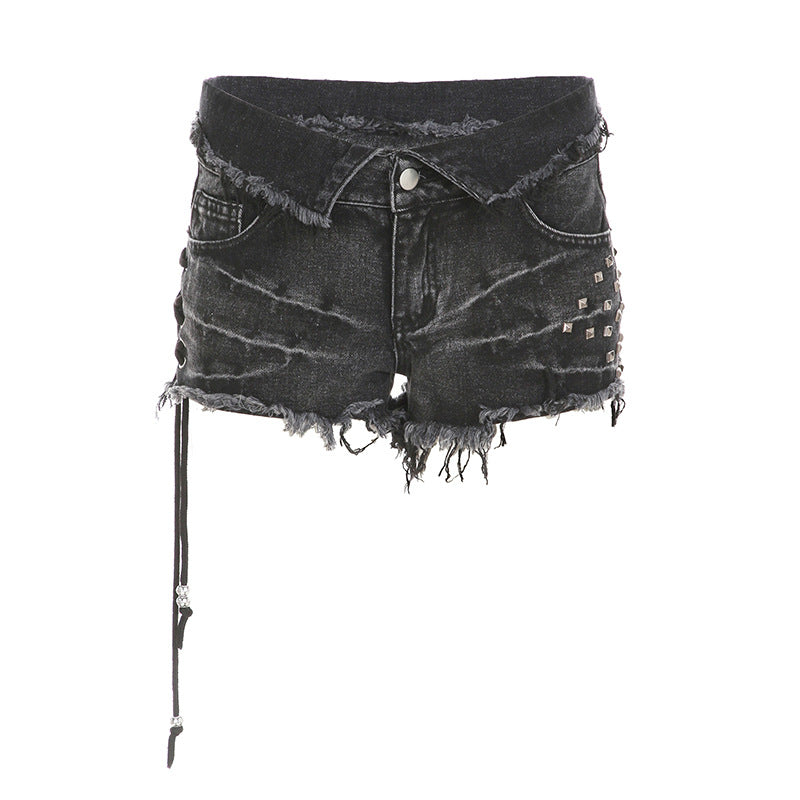 Hippie Spicy Girl Street Motorcycle Style Denim Shorts with Fringe and Rivets