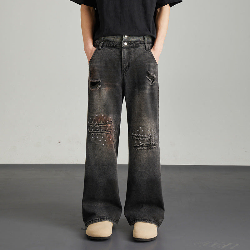 Vintage Niche Ripped Straight Leg Washed Denim Jeans for Men and Women