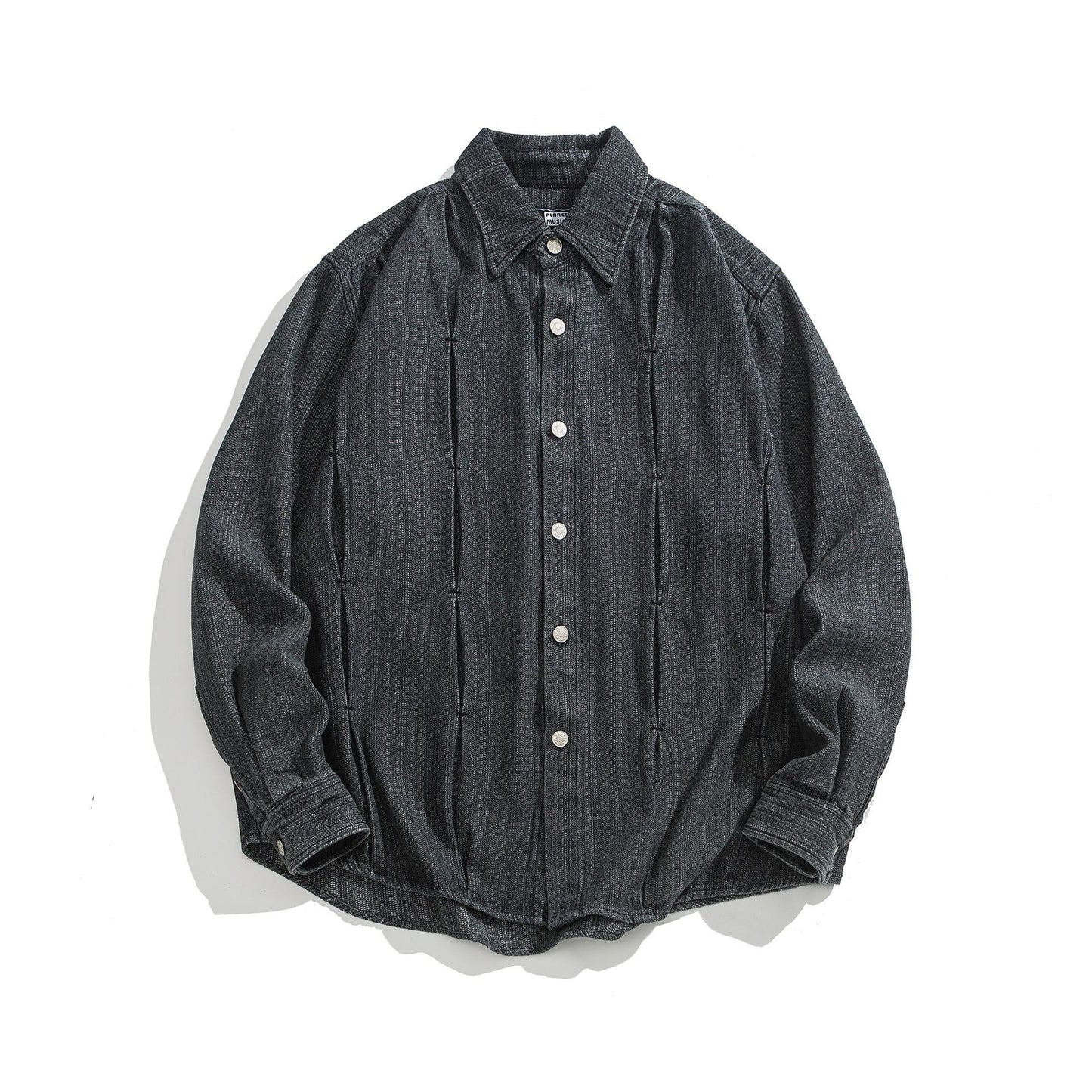 Pleated Denim Collar Long Sleeved Shirt