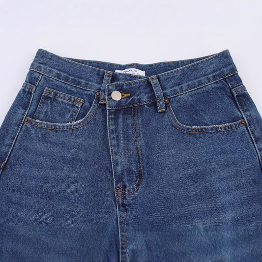 Casual Double Breasted Mid Waist Loose Jeans for Women