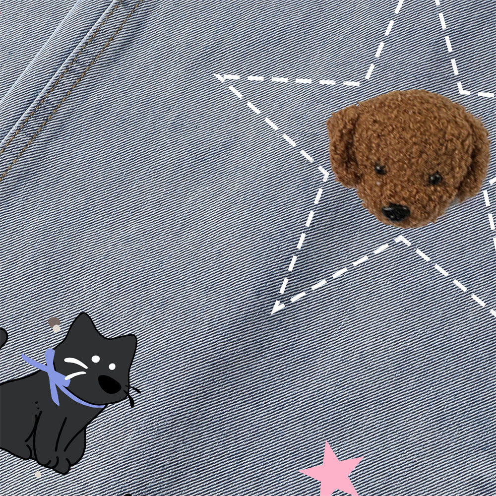 Cartoon Print Vintage Denim Pants — Mid Waist Loose Fit Streetwear