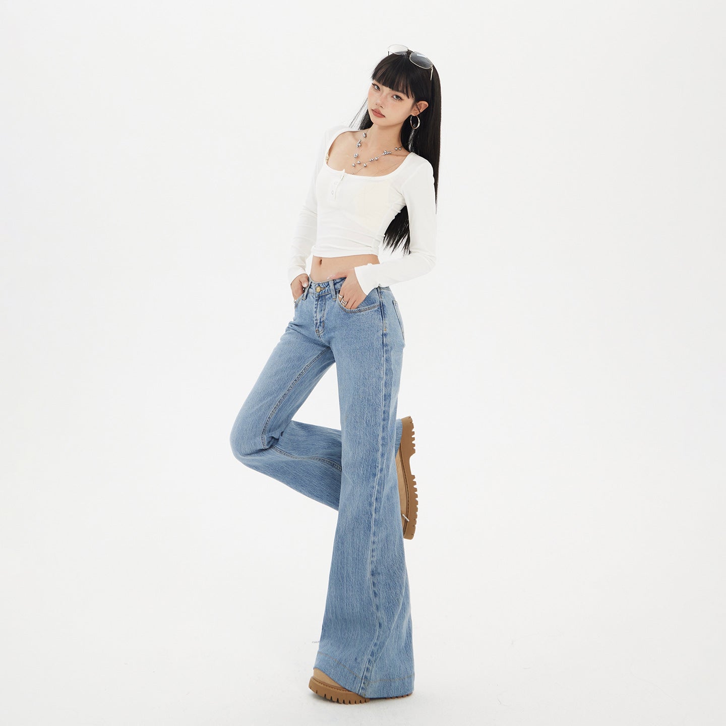 Women's Low Waist Flared Denim Pants - Slimming Elastic Floor-Length Trousers