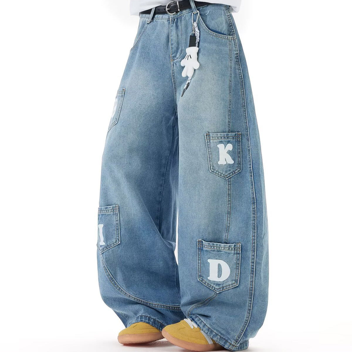 Washed Multi Pocket Design Curved Knife Denim Loose Pants