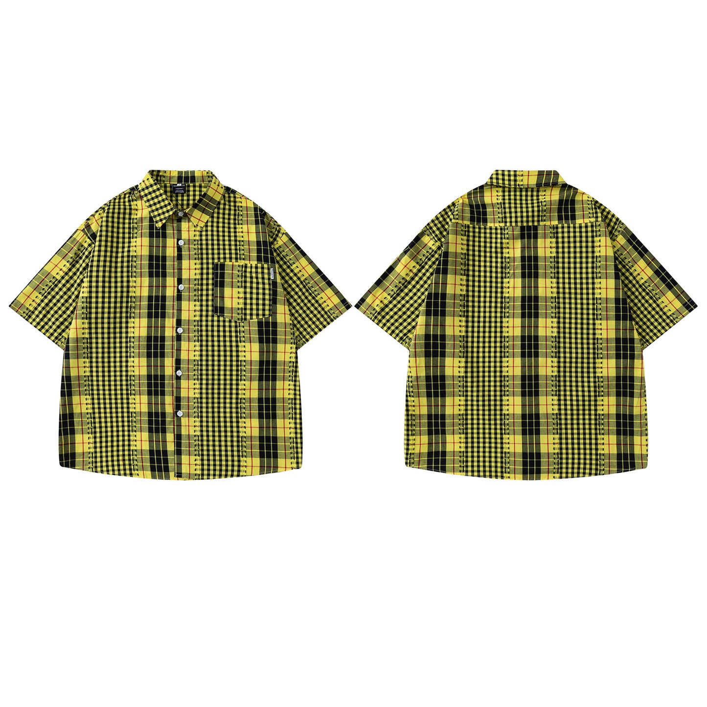 Retro Spliced Frayed Plaid Short Sleeve Shirt for Men