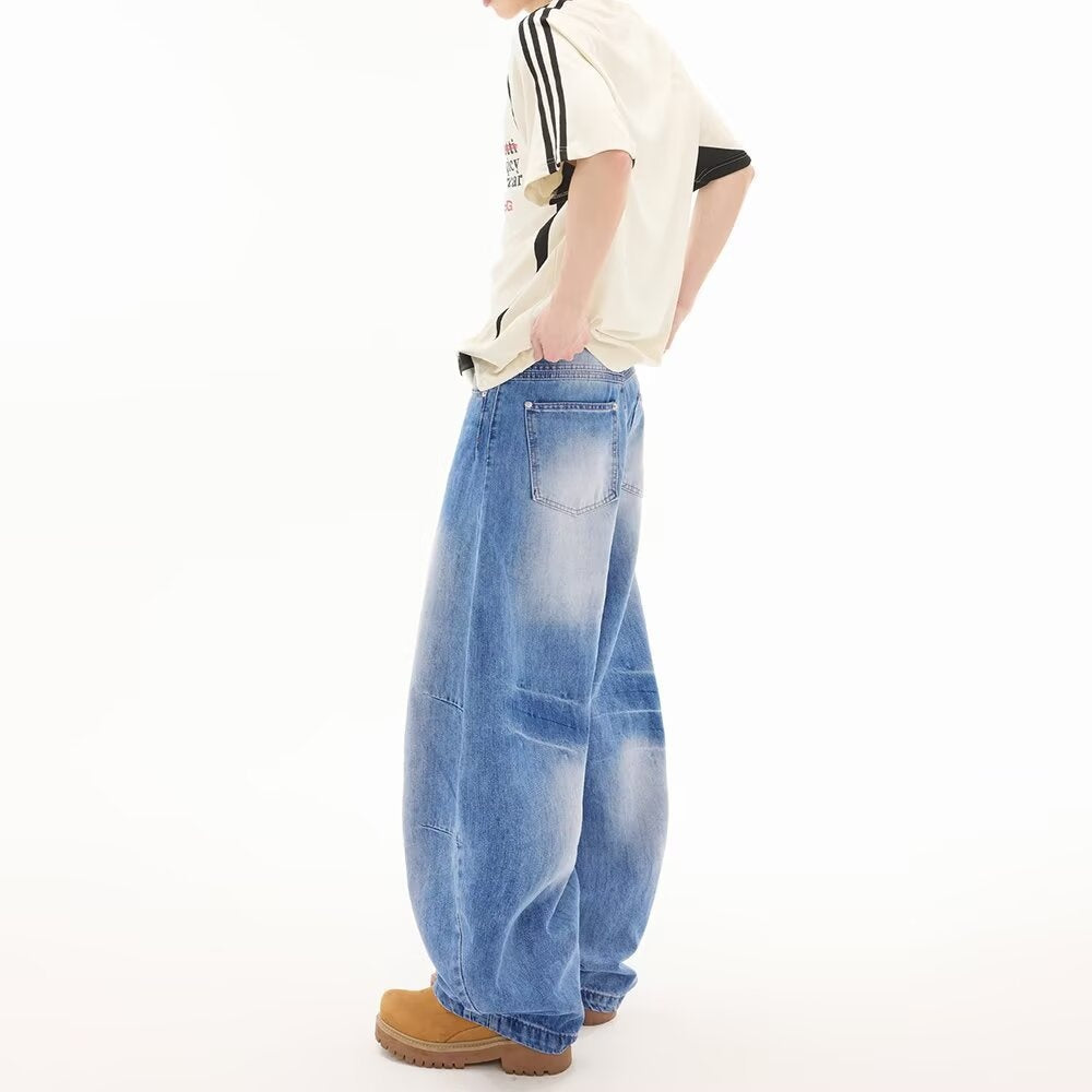 Retro Distressed Washed Denim Loose Straight Leg Pants