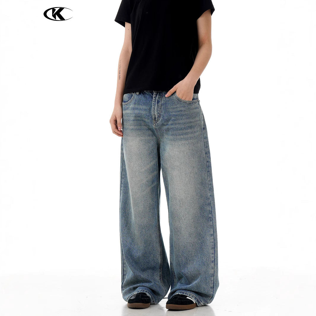 Light Blue Denim Trousers - Unisex Retro Loose Slim Wide Leg Casual Pants