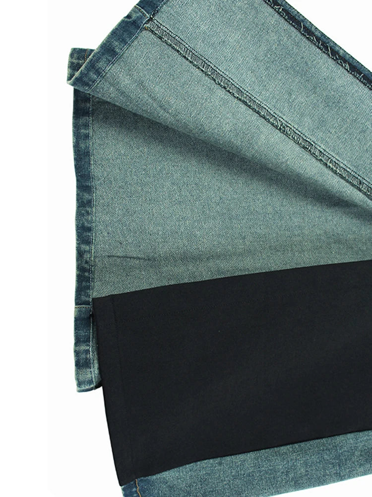 High Waist Blue Denim Color-Block Midi Skirt for Women