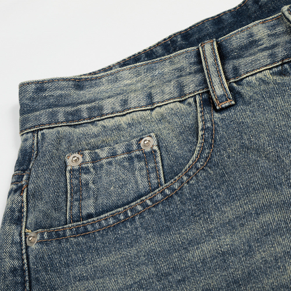 Washed Denim Cropped Pants — Women's Loose Mid-Rise Zip Fly Jeans