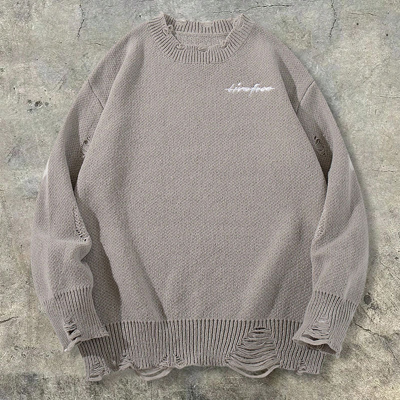 Vintage Distressed Sweater Loose Round Neck Top Couple Long Sleeve Knitwear Jacket