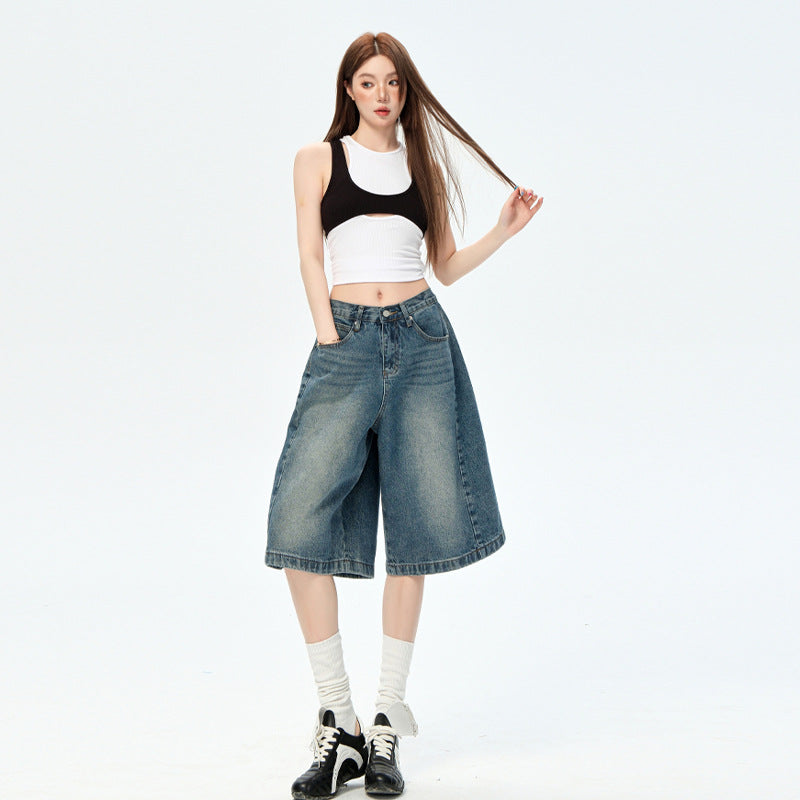 Women's Loose Casual Denim Trousers - Water-Washed Wide-Leg Pants