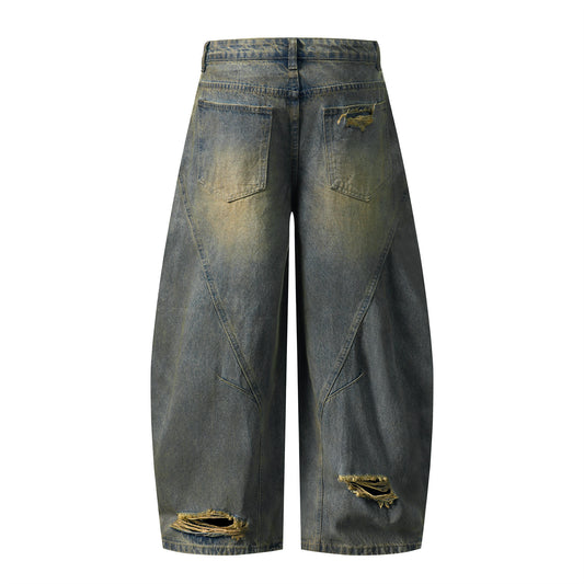 Men's Retro Distressed Denim Pants - Loose Fit Straight Leg Trousers
