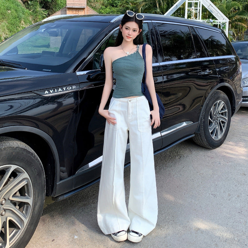 Women's Long Front Patch Pocket Design White Denim Pants Loose Wide Leg