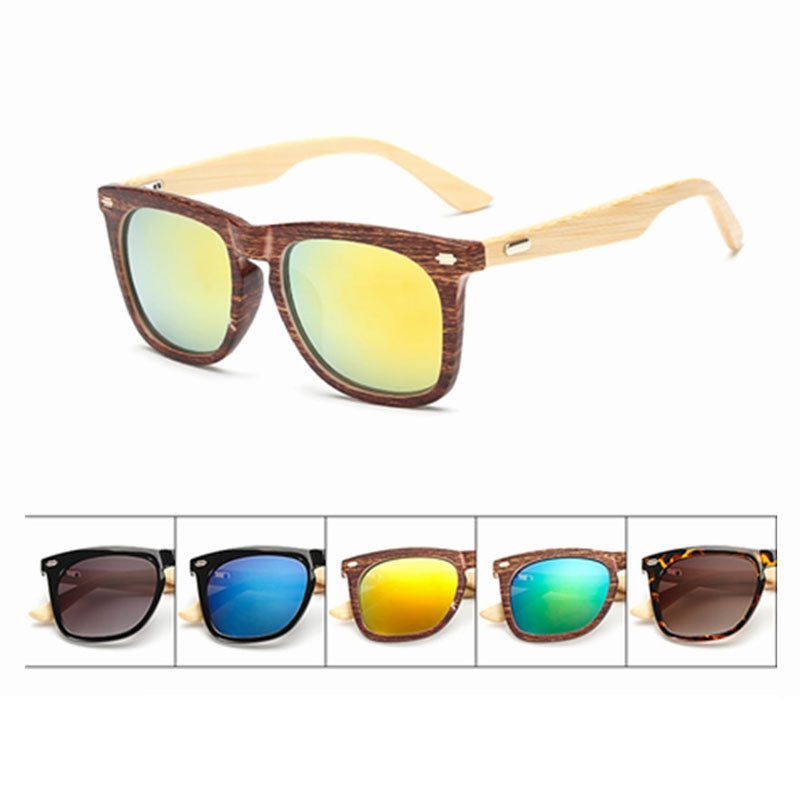 Rectangle Fake Wood PC Sunglasses with Real Natural Bamboo Temples and Mirror Lenses