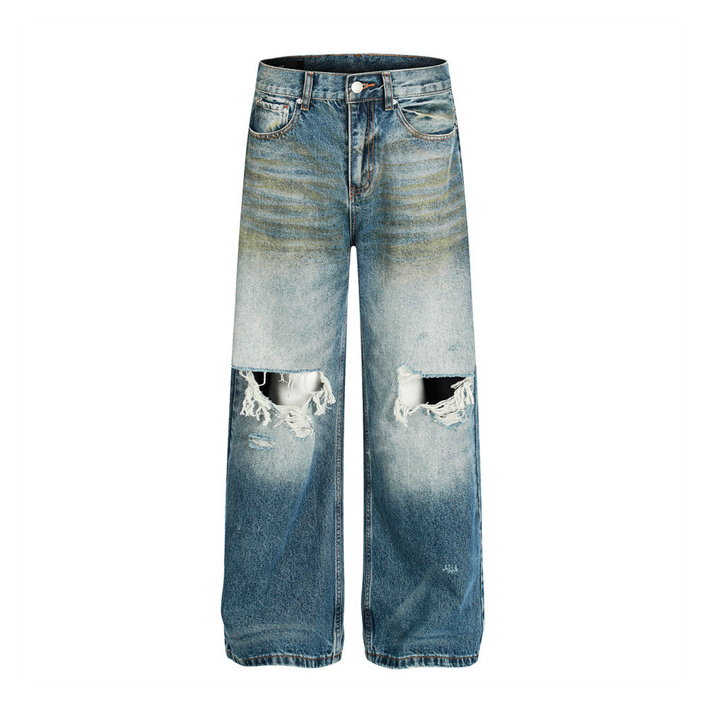 Men's Distressed Denim Trousers - Vintage Straight Leg Pants