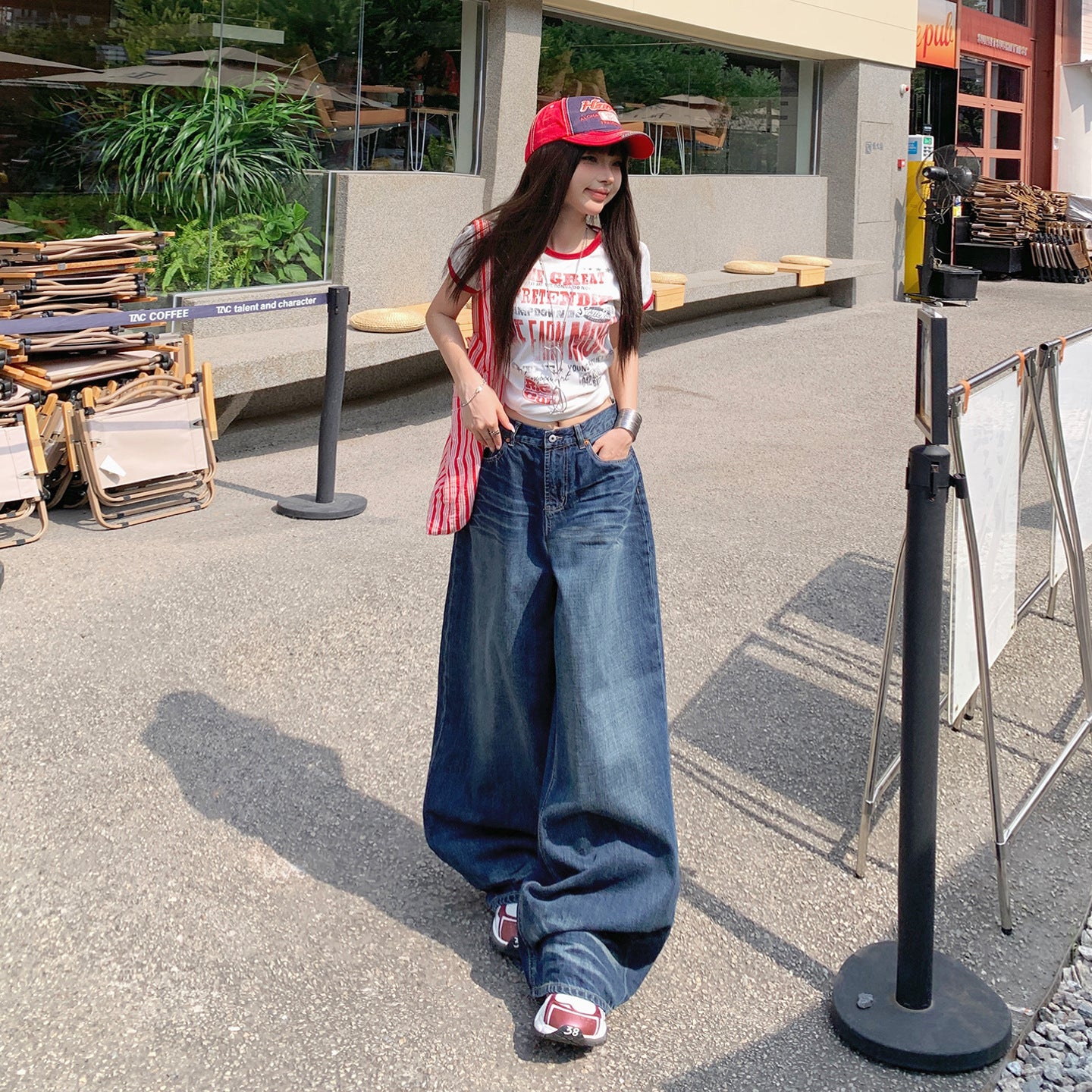 Wrinkle Cat Pattern Denim Pants for Women - High Waist Loose Fit Versatile Wide Leg Trousers