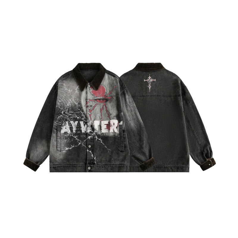 Dark Washed Graffiti Patchwork Loose Denim Jacket
