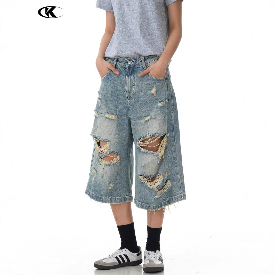 Design Seven-Quarter Denim Pants - Washed Loose Straight  Shorts