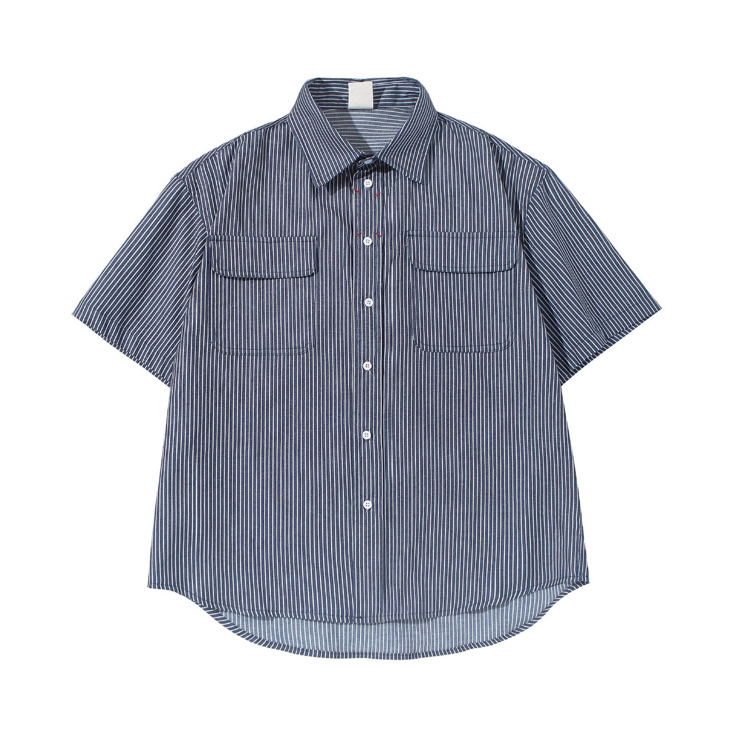 Minimally Striped Denim Embroidered Short Sleeved Shirt for Men