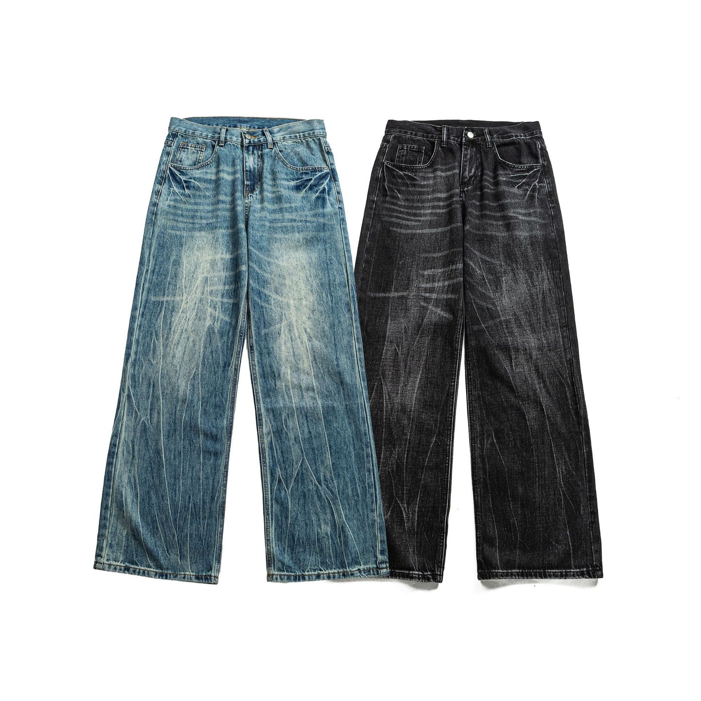 Lightning Crack Pattern Distressed Washed Denim High Waist Zipper Jeans