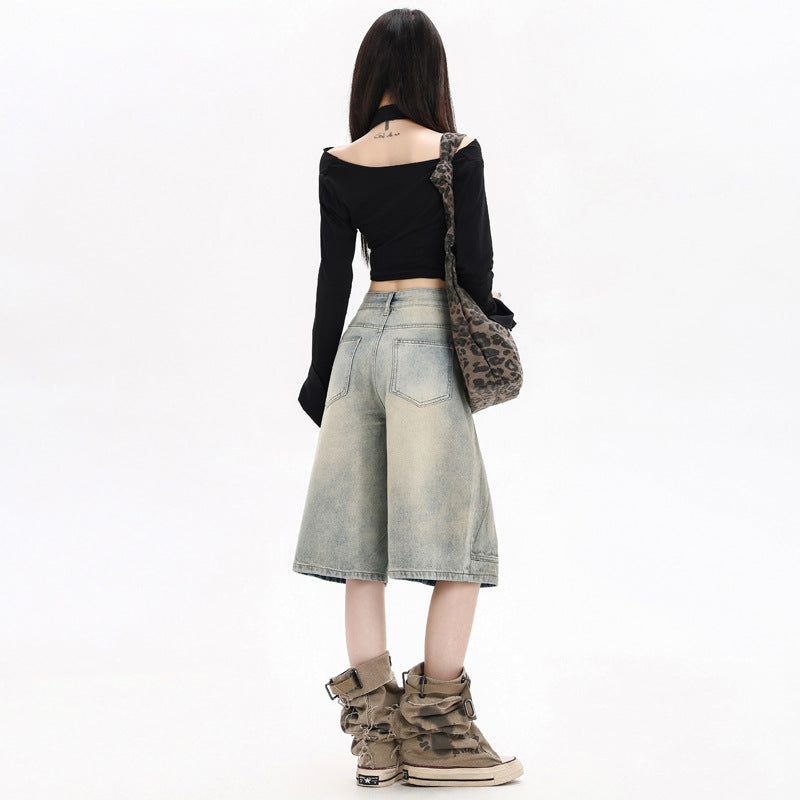 Denim Capri Pants for Women - Loose High Waist Straight Leg Trousers