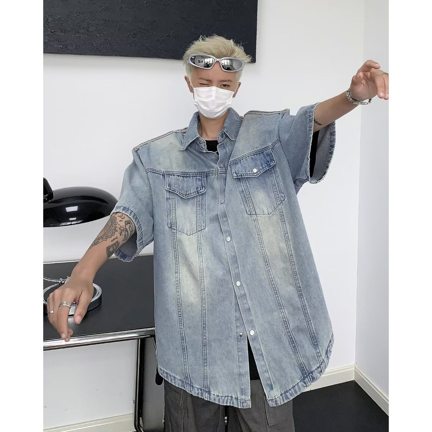 Washed Vintage Shoulder Padded Denim Shirt for Men