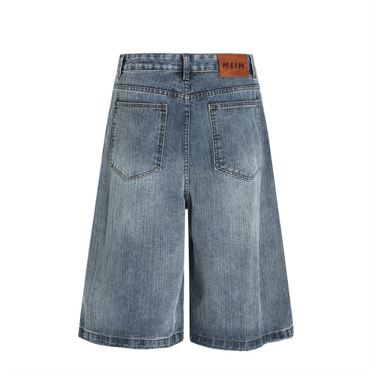 Men's Deconstructed Riveted Denim Shorts - Loose Fit