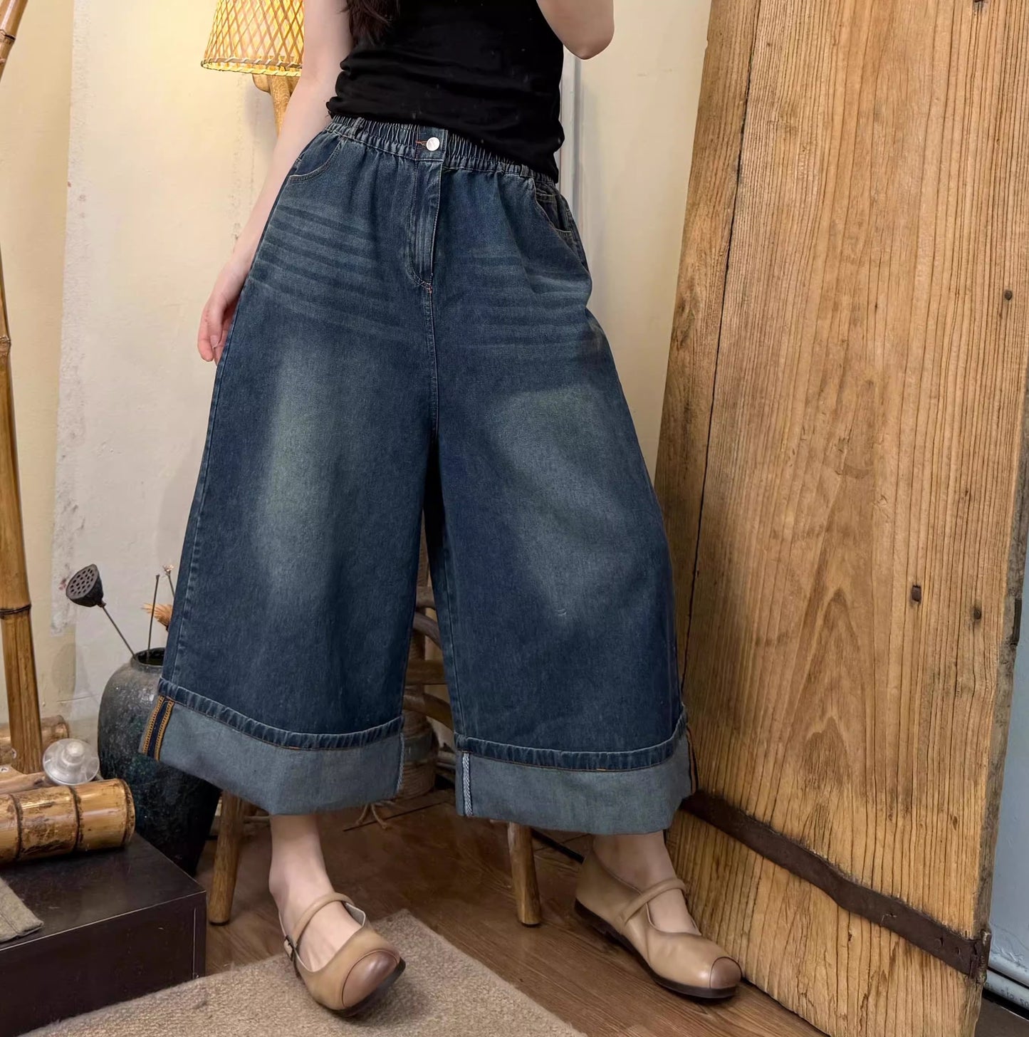 Vintage Washed Wide Cuff Design High Waist Straight Leg Denim Pants