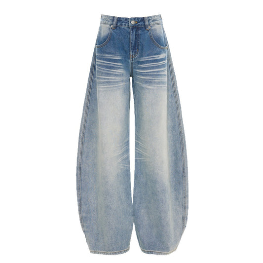 Washed Cat Whisker Design Low Waist Denim Pants for Women – Loose Slim Fit Wide Leg Trousers