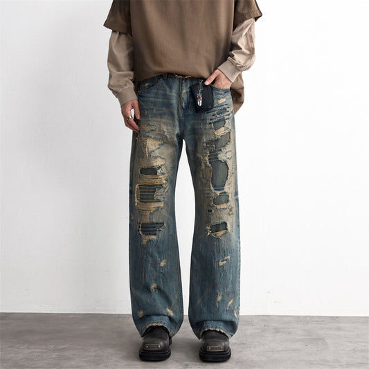 Ripped Patch Denim Pants — Distressed Punk Straight-Leg Mid Rise